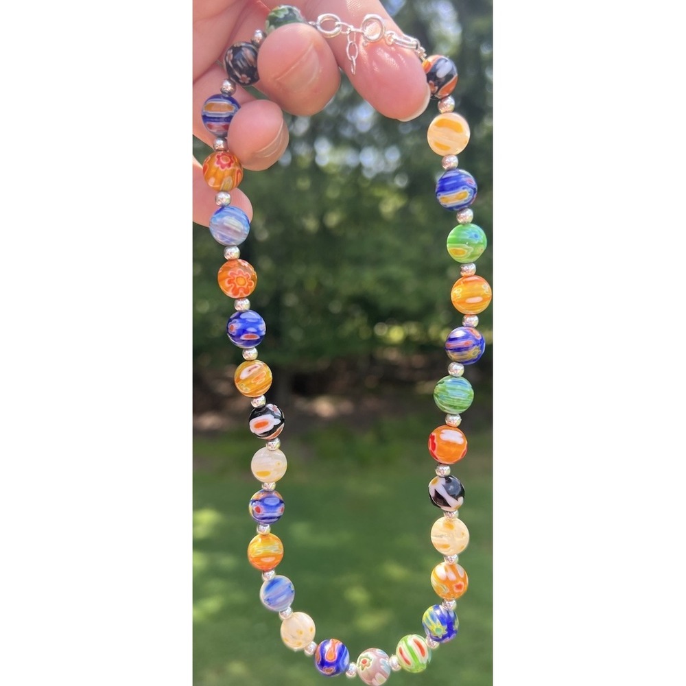 Vintage Millefiori Art Glass Bead Necklace 925 Sterling Clasp Venetian Style 16"